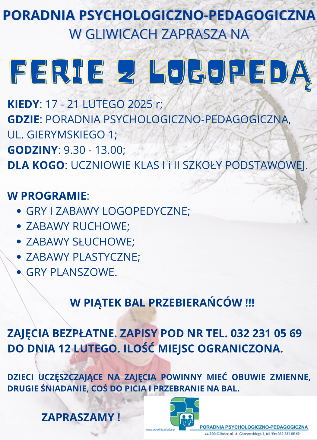 Plakat zaproszenie na&nbsp;zajęcia w&nbsp;czasie ferii.